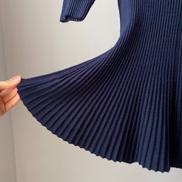 🍂 Navy Ribbed Flared A-Line Short Sleeves Open Knit Top Round Neckline - Picture 4 of 7